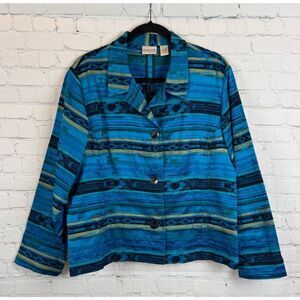 CHICO'S royal blue teal silk blend unlined aztec southwestern jacket blazer 2 L
